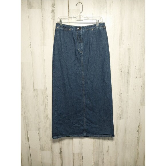 Eddie Bauer Blue Denim Midi Skirt Size 10 Back Slit - Picture 1 of 6